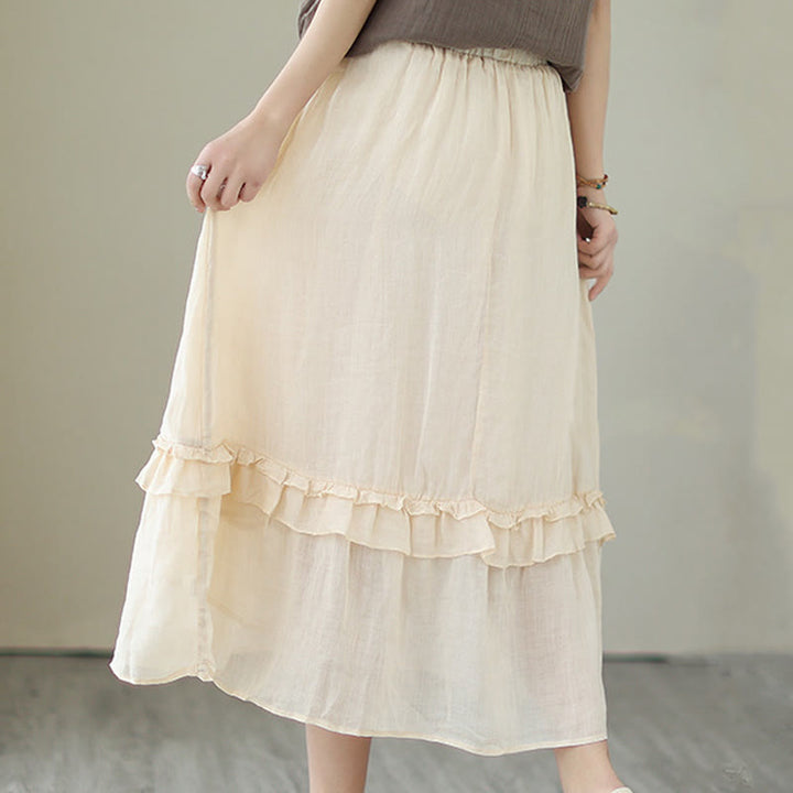 Buddha Stones Vintage Künstlerischer Reiner Farbiger Rüschendesign Unregelmäßiger Damenrock aus Baumwollleinen - image 3