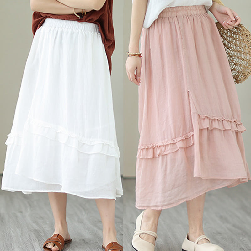 Buddha Stones Vintage Künstlerischer Reiner Farbiger Rüschendesign Unregelmäßiger Damenrock aus Baumwollleinen - image 28