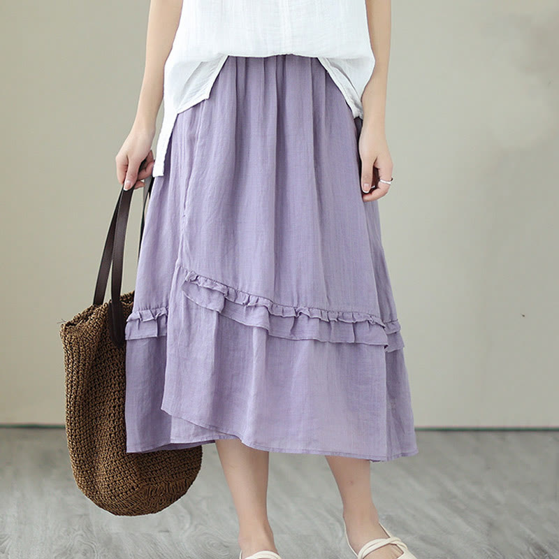 Buddha Stones Vintage Künstlerischer Reiner Farbiger Rüschendesign Unregelmäßiger Damenrock aus Baumwollleinen - image 11