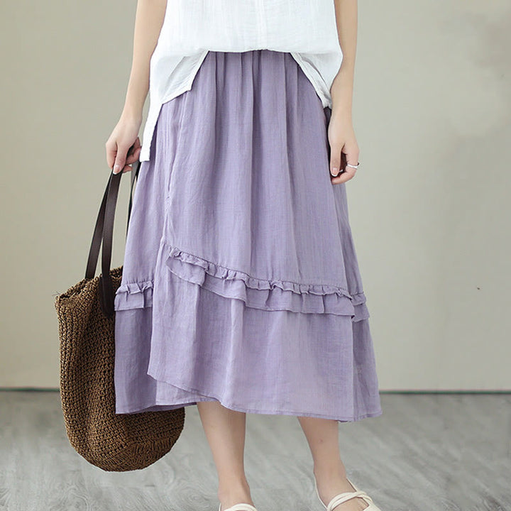 Buddha Stones Vintage Künstlerischer Reiner Farbiger Rüschendesign Unregelmäßiger Damenrock aus Baumwollleinen - image 11