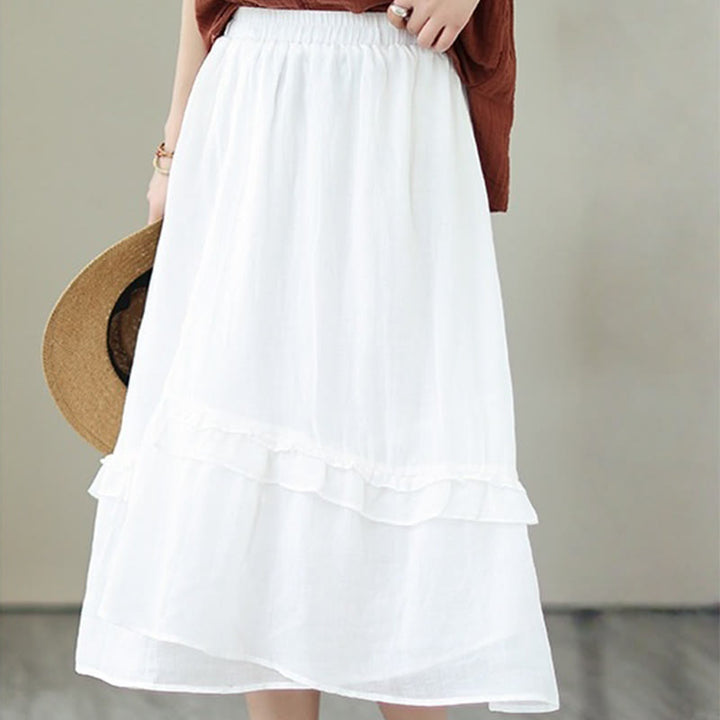 Buddha Stones Vintage Künstlerischer Reiner Farbiger Rüschendesign Unregelmäßiger Damenrock aus Baumwollleinen - image 27