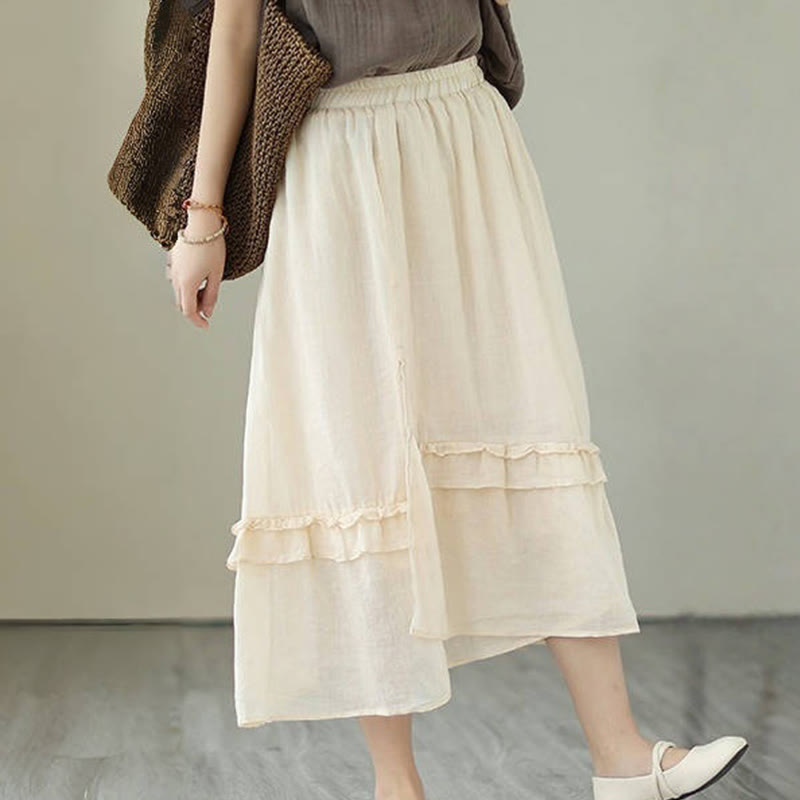 Buddha Stones Vintage Künstlerischer Reiner Farbiger Rüschendesign Unregelmäßiger Damenrock aus Baumwollleinen - image 4