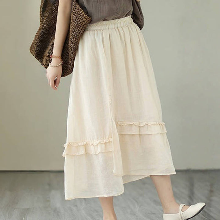 Buddha Stones Vintage Künstlerischer Reiner Farbiger Rüschendesign Unregelmäßiger Damenrock aus Baumwollleinen - image 4