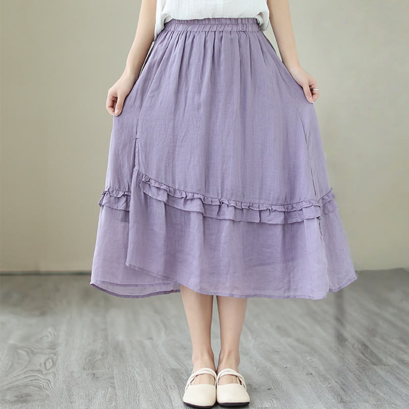 Buddha Stones Vintage Künstlerischer Reiner Farbiger Rüschendesign Unregelmäßiger Damenrock aus Baumwollleinen - Mittelgroße Orchidee - US 8-10, UK/AU 12-14, EU 40-42 (2XL) - image 10