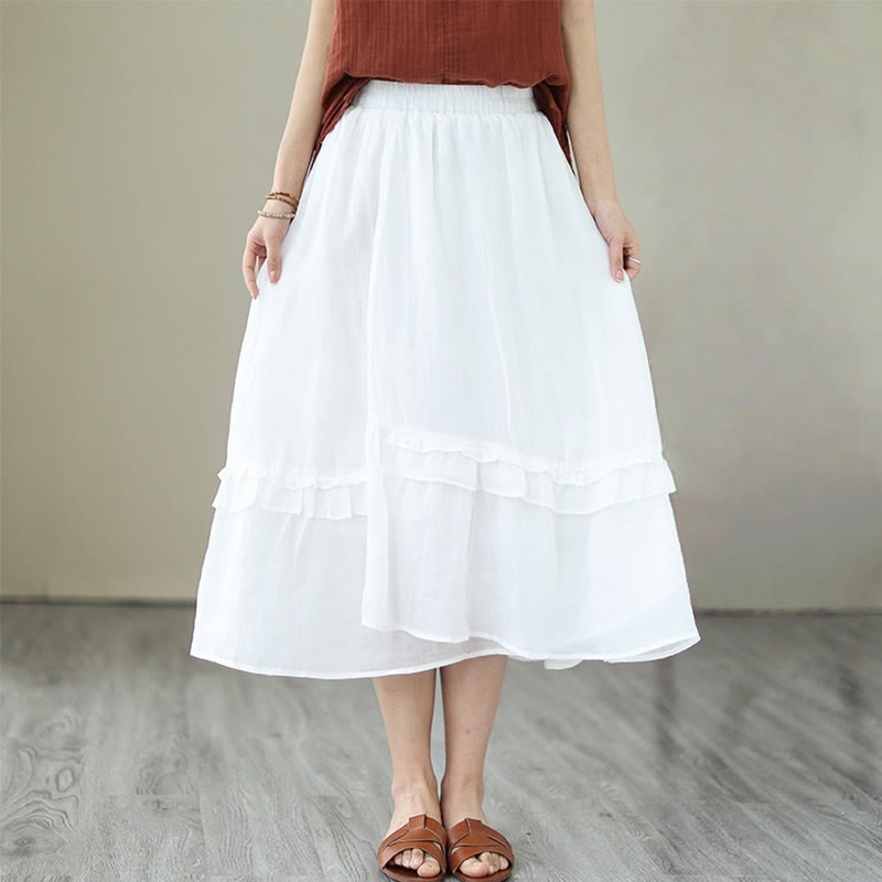 Buddha Stones Vintage Künstlerischer Reiner Farbiger Rüschendesign Unregelmäßiger Damenrock aus Baumwollleinen - Weiß - US 8-10, UK/AU 12-14, EU 40-42 (2XL) - image 23