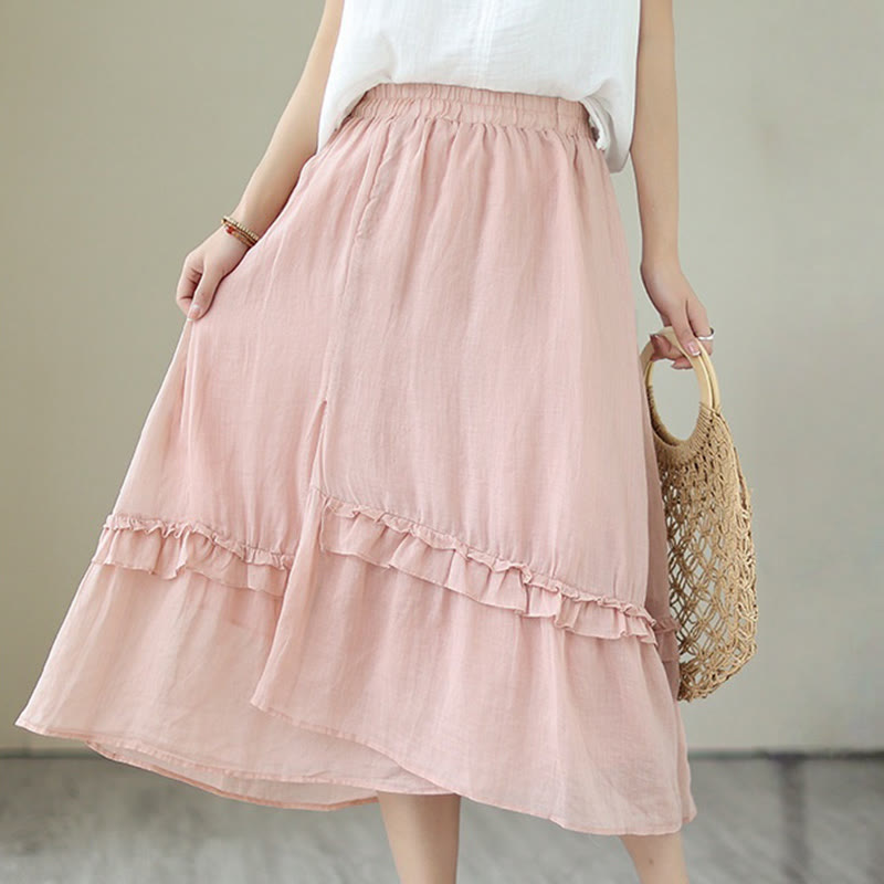 Buddha Stones Vintage Künstlerischer Reiner Farbiger Rüschendesign Unregelmäßiger Damenrock aus Baumwollleinen - image 7