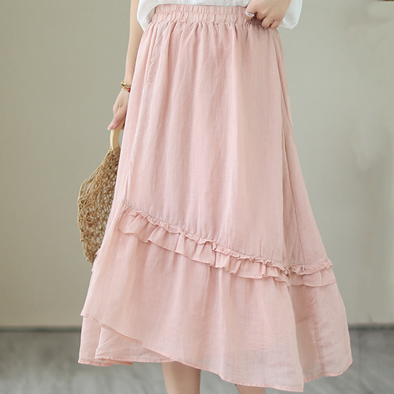 Buddha Stones Vintage Künstlerischer Reiner Farbiger Rüschendesign Unregelmäßiger Damenrock aus Baumwollleinen - image 9