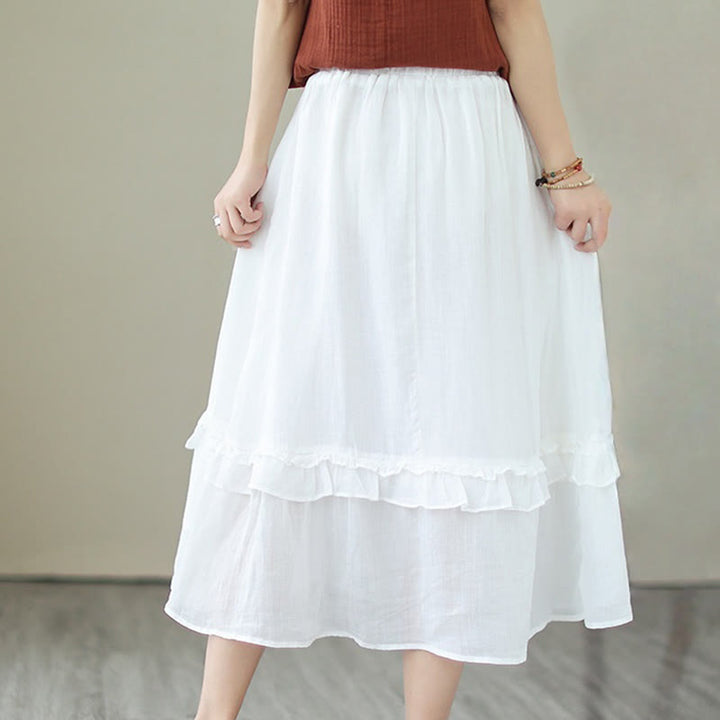 Buddha Stones Vintage Künstlerischer Reiner Farbiger Rüschendesign Unregelmäßiger Damenrock aus Baumwollleinen - image 24