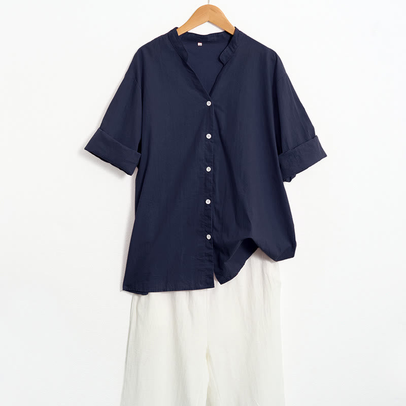Buddha Stones Sommer Casual Plain Breasted Reversed Collar Kurzarm Damen Baumwolle Leinen Hemd - image 5