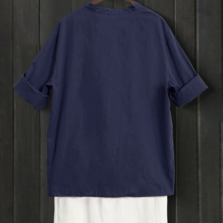 Buddha Stones Sommer Casual Plain Breasted Reversed Collar Kurzarm Damen Baumwolle Leinen Hemd - image 1