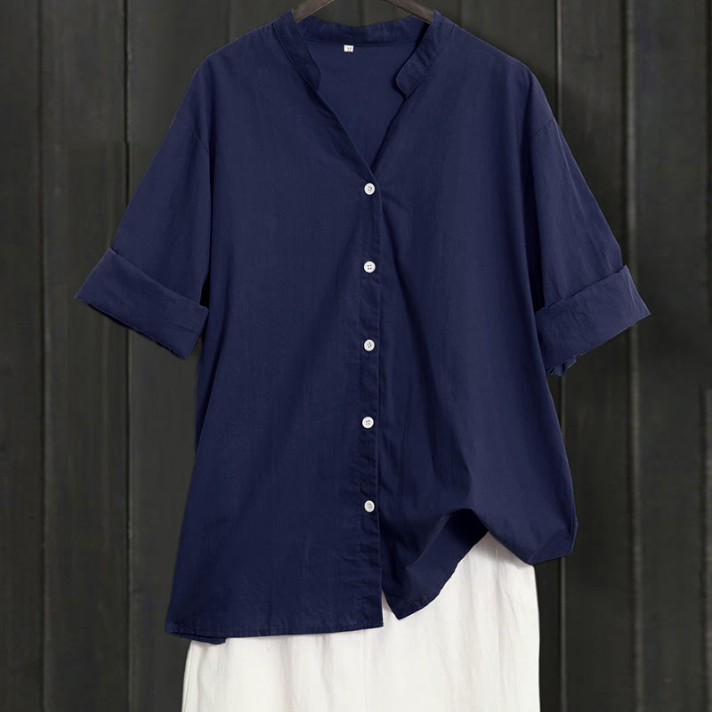Buddha Stones Sommer Casual Plain Breasted Reversed Collar Kurzarm Damen Baumwolle Leinen Hemd - Marine - US20， UK/AU24，EU52 (5XL) - image 0