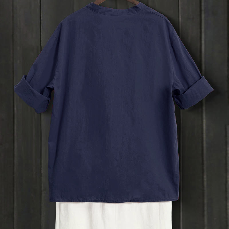 Buddha Stones Sommer Casual Plain Breasted Reversed Collar Kurzarm Damen Baumwolle Leinen Hemd - image 1