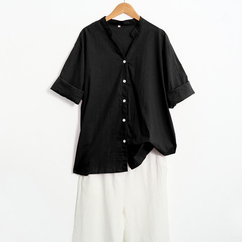 Buddha Stones Sommer Casual Plain Breasted Reversed Collar Kurzarm Damen Baumwolle Leinen Hemd - image 11
