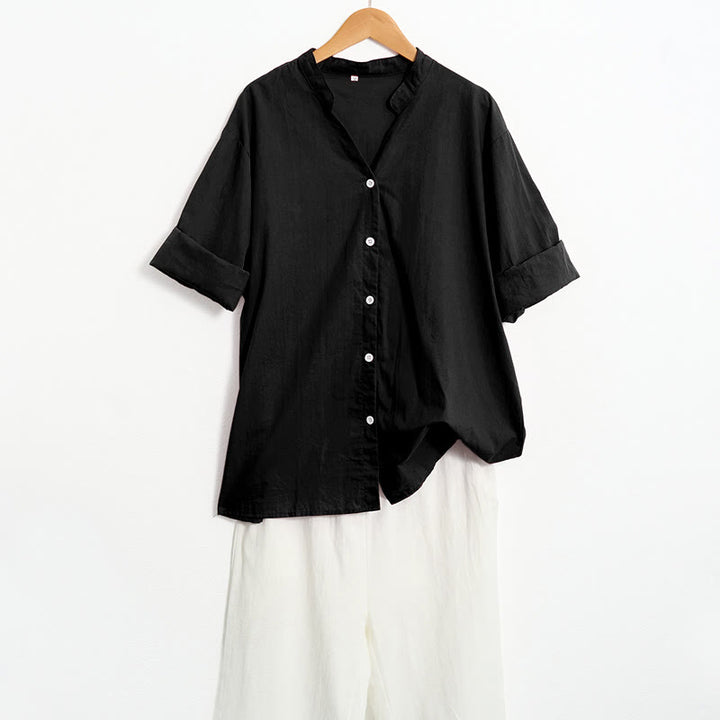 Buddha Stones Sommer Casual Plain Breasted Reversed Collar Kurzarm Damen Baumwolle Leinen Hemd - image 11