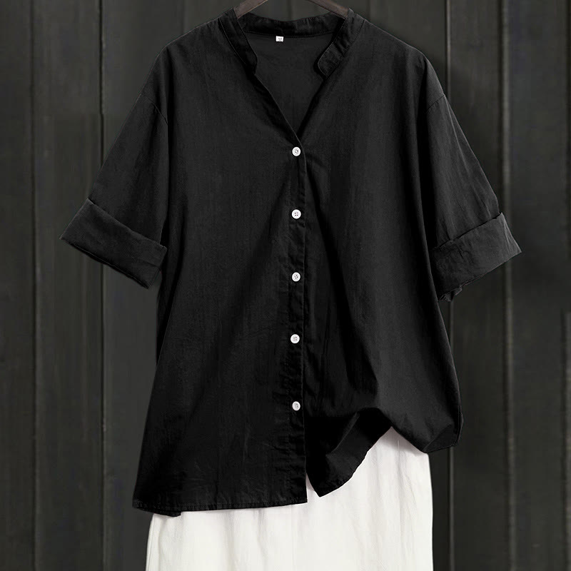 Buddha Stones Sommer Casual Plain Breasted Reversed Collar Kurzarm Damen Baumwolle Leinen Hemd - Schwarz - US20， UK/AU24，EU52 (5XL) - image 6