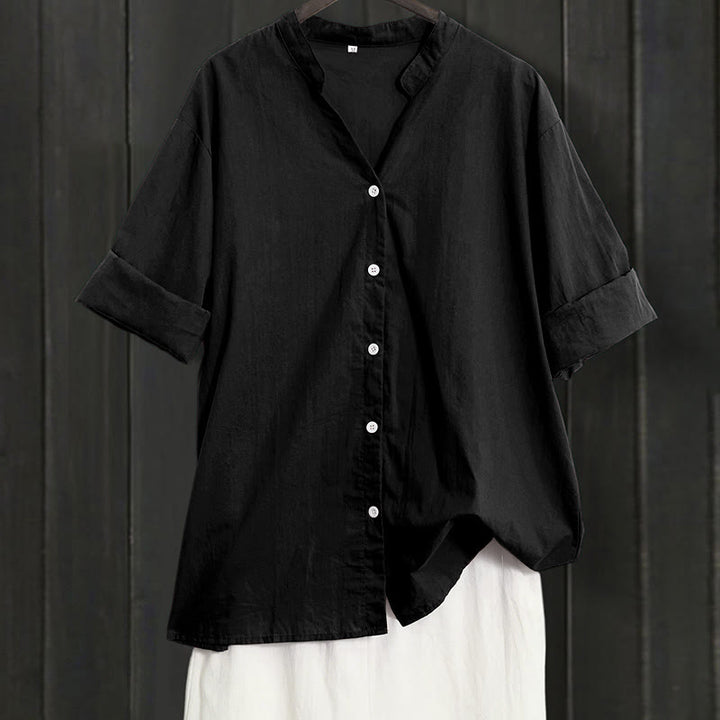 Buddha Stones Sommer Casual Plain Breasted Reversed Collar Kurzarm Damen Baumwolle Leinen Hemd - Schwarz - US20， UK/AU24，EU52 (5XL) - image 6