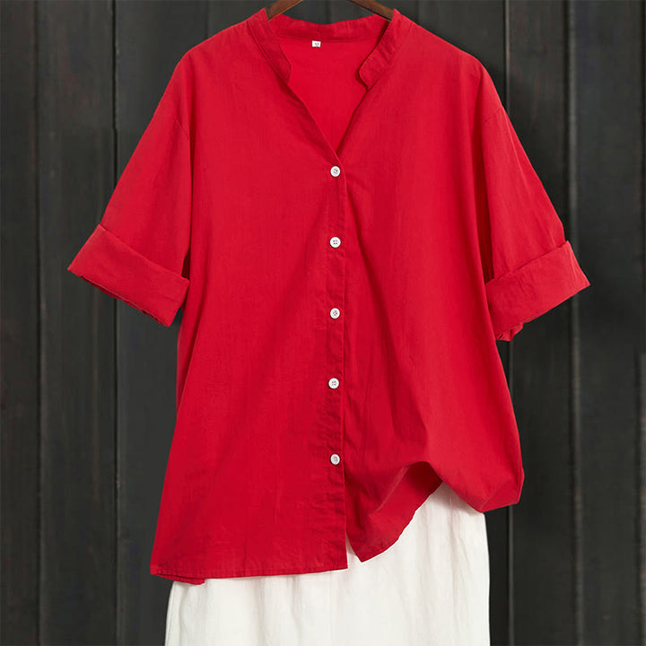 Buddha Stones Sommer Casual Plain Breasted Reversed Collar Kurzarm Damen Baumwolle Leinen Hemd - Purpurrot - US20, UK/AU24, EU52 (5XL) - image 12
