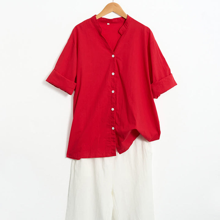 Buddha Stones Sommer Casual Plain Breasted Reversed Collar Kurzarm Damen Baumwolle Leinen Hemd - image 17