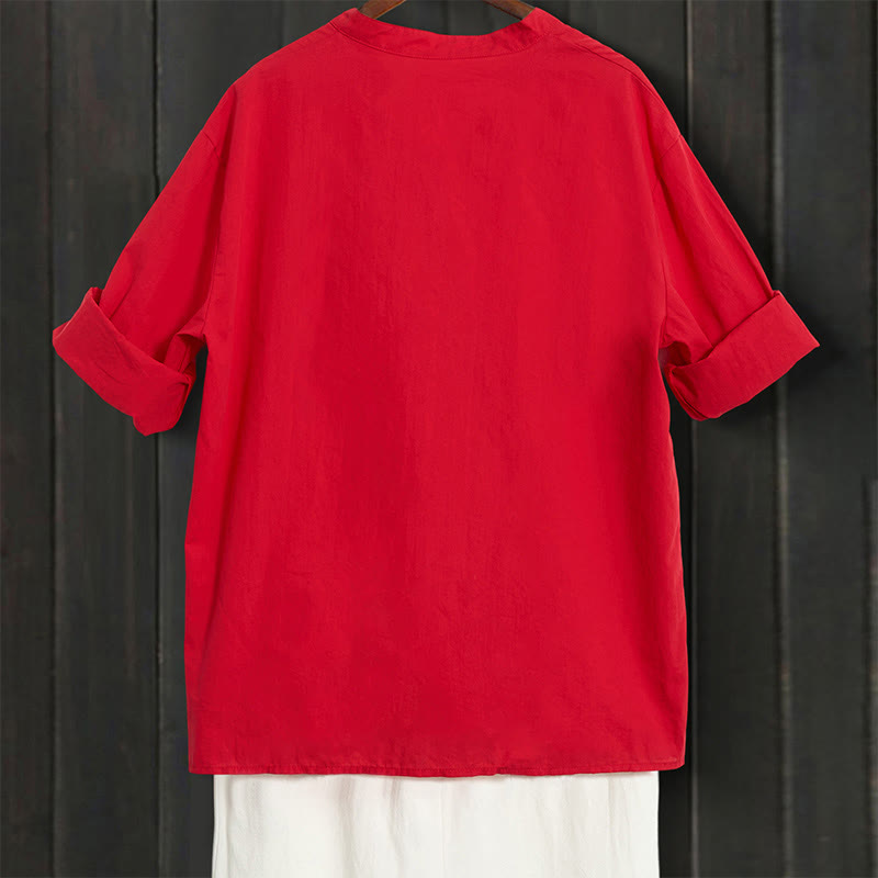 Buddha Stones Sommer Casual Plain Breasted Reversed Collar Kurzarm Damen Baumwolle Leinen Hemd - image 13
