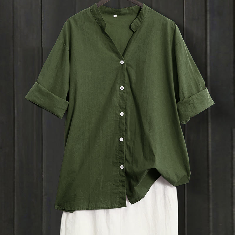 Buddha Stones Sommer Casual Plain Breasted Reversed Collar Kurzarm Damen Baumwolle Leinen Hemd - Waldgrün - US20, UK/AU24, EU52 (5XL) - image 18