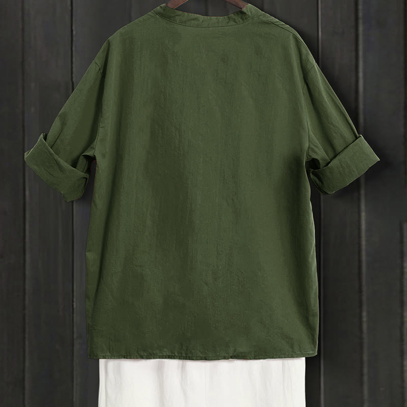 Buddha Stones Sommer Casual Plain Breasted Reversed Collar Kurzarm Damen Baumwolle Leinen Hemd - image 19