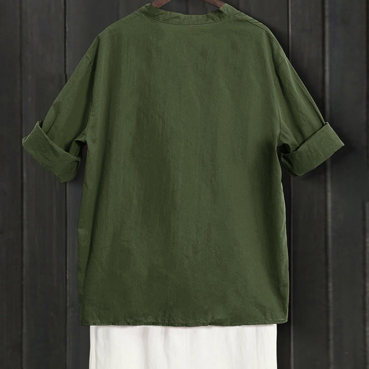 Buddha Stones Sommer Casual Plain Breasted Reversed Collar Kurzarm Damen Baumwolle Leinen Hemd - image 19