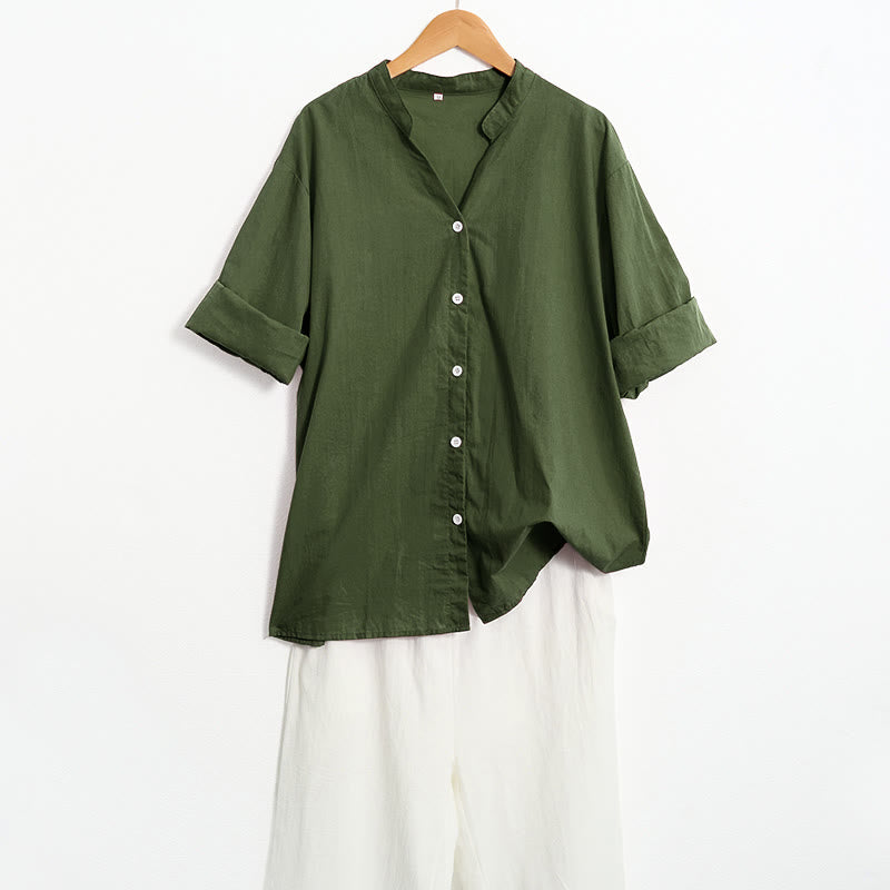 Buddha Stones Sommer Casual Plain Breasted Reversed Collar Kurzarm Damen Baumwolle Leinen Hemd - image 23