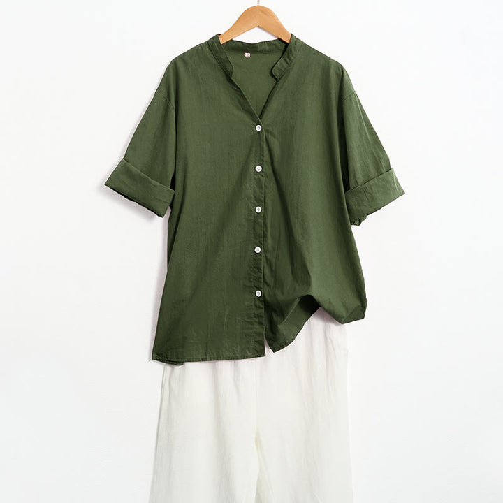 Buddha Stones Sommer Casual Plain Breasted Reversed Collar Kurzarm Damen Baumwolle Leinen Hemd - image 23