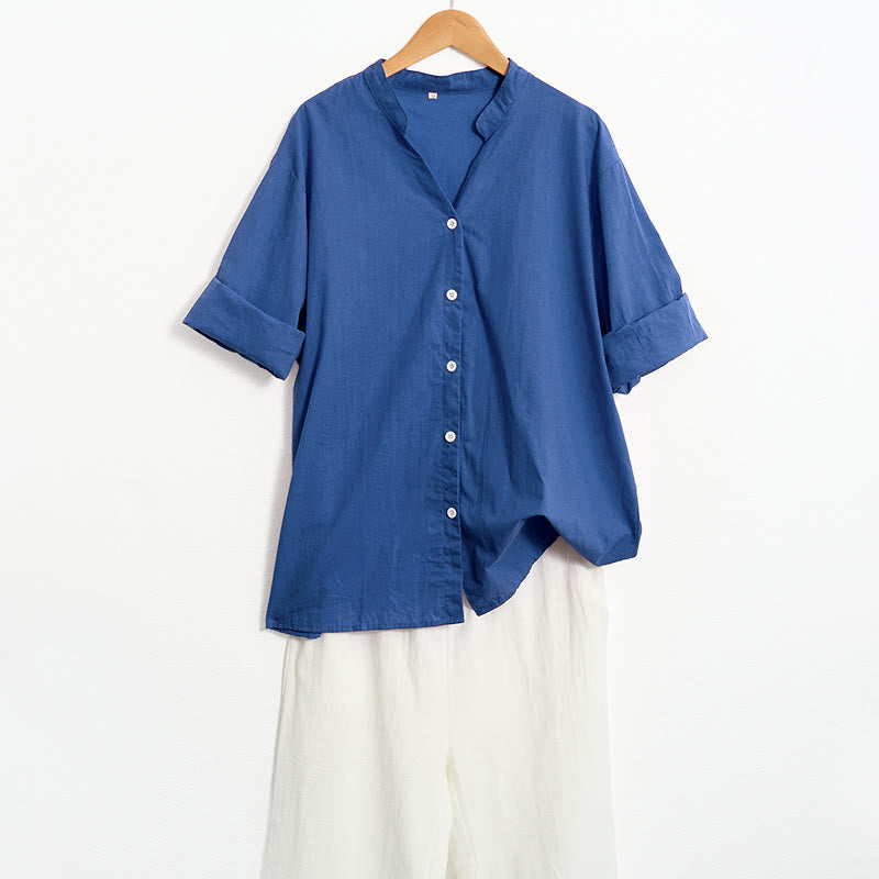 Buddha Stones Sommer Casual Plain Breasted Reversed Collar Kurzarm Damen Baumwolle Leinen Hemd - image 29