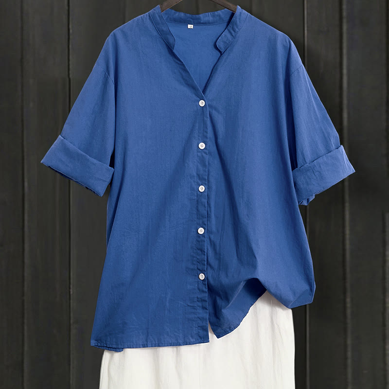 Buddha Stones Sommer Casual Plain Breasted Reversed Collar Kurzarm Damen Baumwolle Leinen Hemd - Königsblau - US20, UK/AU24, EU52 (5XL) - image 24