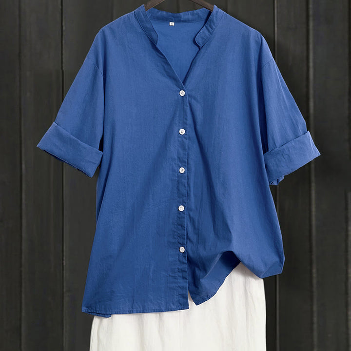 Buddha Stones Sommer Casual Plain Breasted Reversed Collar Kurzarm Damen Baumwolle Leinen Hemd - Königsblau - US20, UK/AU24, EU52 (5XL) - image 24