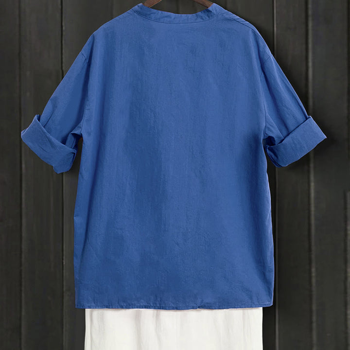 Buddha Stones Sommer Casual Plain Breasted Reversed Collar Kurzarm Damen Baumwolle Leinen Hemd - image 25