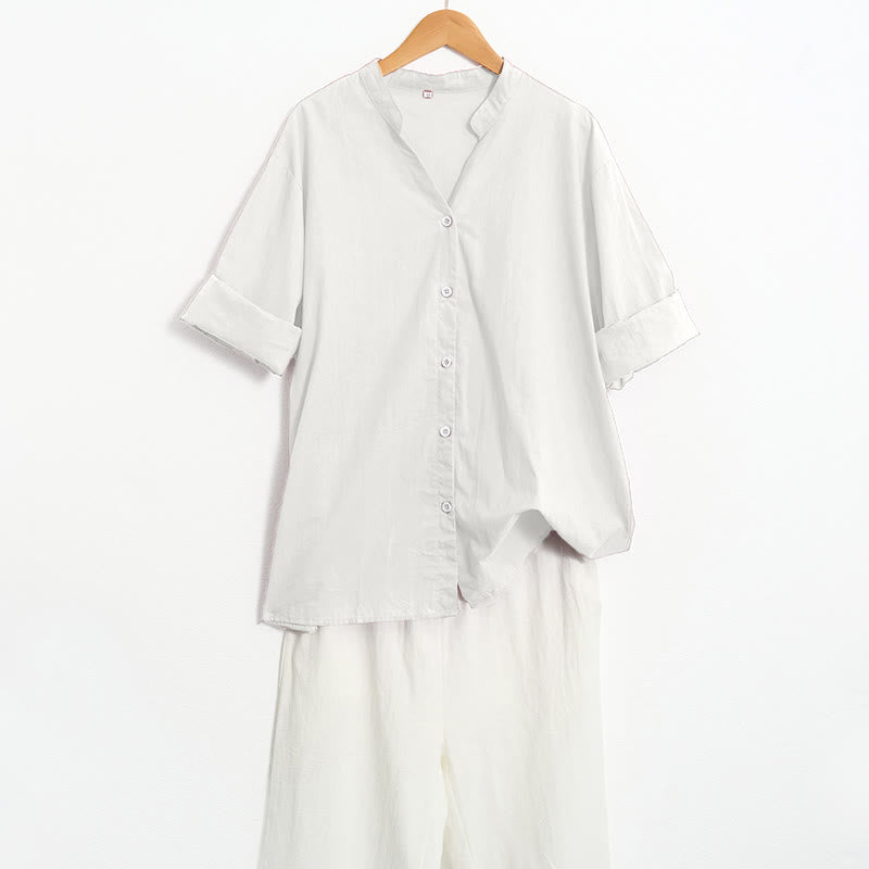 Buddha Stones Sommer Casual Plain Breasted Reversed Collar Kurzarm Damen Baumwolle Leinen Hemd - image 35