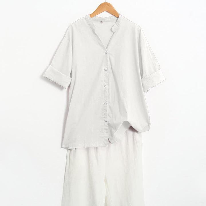 Buddha Stones Sommer Casual Plain Breasted Reversed Collar Kurzarm Damen Baumwolle Leinen Hemd - image 35