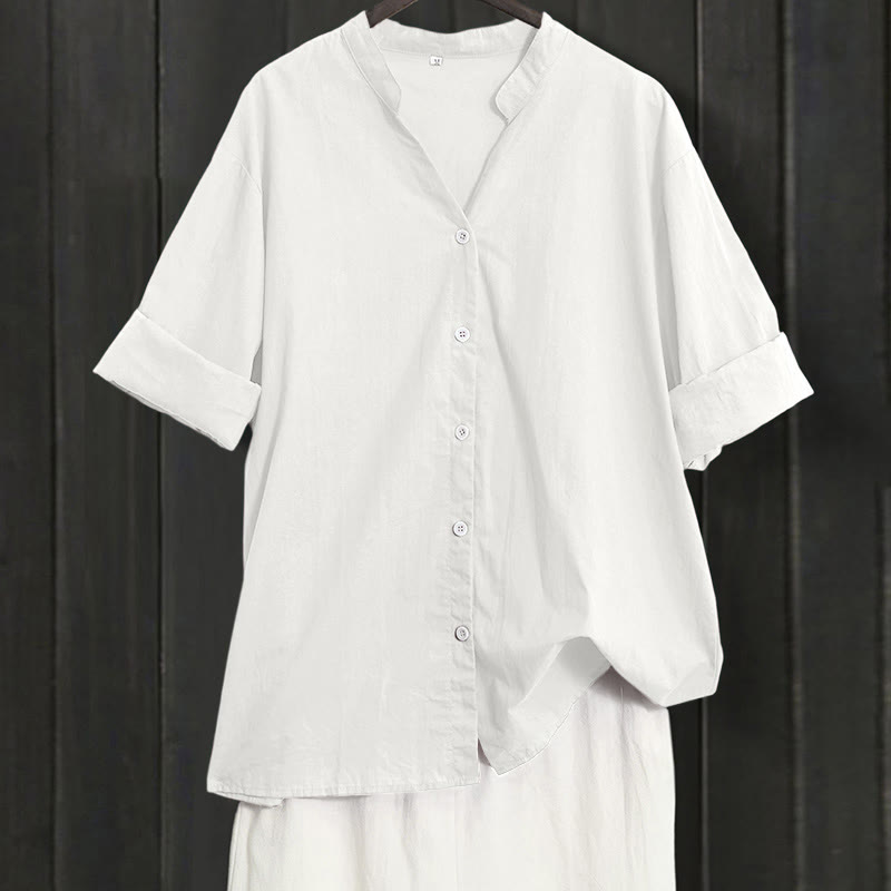 Buddha Stones Sommer Casual Plain Breasted Reversed Collar Kurzarm Damen Baumwolle Leinen Hemd - Weiß - US20， UK/AU24，EU52 (5XL) - image 30