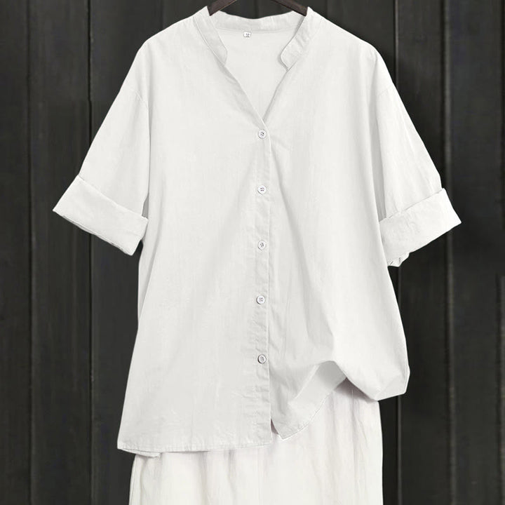 Buddha Stones Sommer Casual Plain Breasted Reversed Collar Kurzarm Damen Baumwolle Leinen Hemd - Weiß - US20， UK/AU24，EU52 (5XL) - image 30