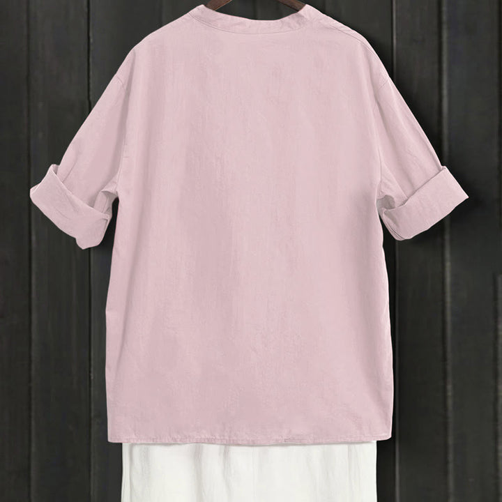 Buddha Stones Sommer Casual Plain Breasted Reversed Collar Kurzarm Damen Baumwolle Leinen Hemd - image 37