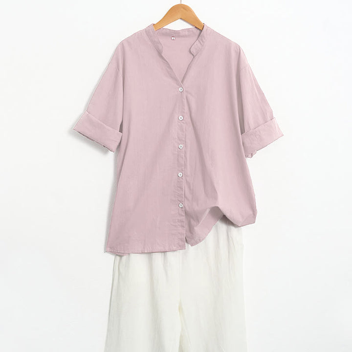 Buddha Stones Sommer Casual Plain Breasted Reversed Collar Kurzarm Damen Baumwolle Leinen Hemd - image 41