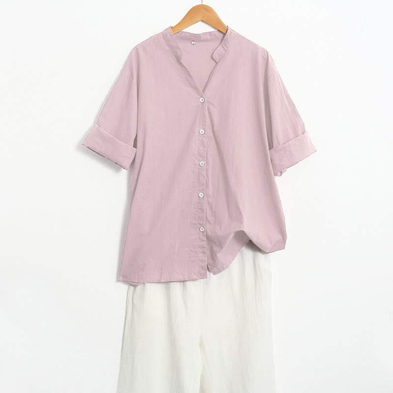 Buddha Stones Sommer Casual Plain Breasted Reversed Collar Kurzarm Damen Baumwolle Leinen Hemd - image 41