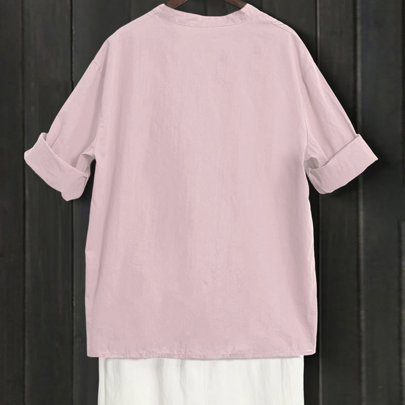 Buddha Stones Sommer Casual Plain Breasted Reversed Collar Kurzarm Damen Baumwolle Leinen Hemd - image 37