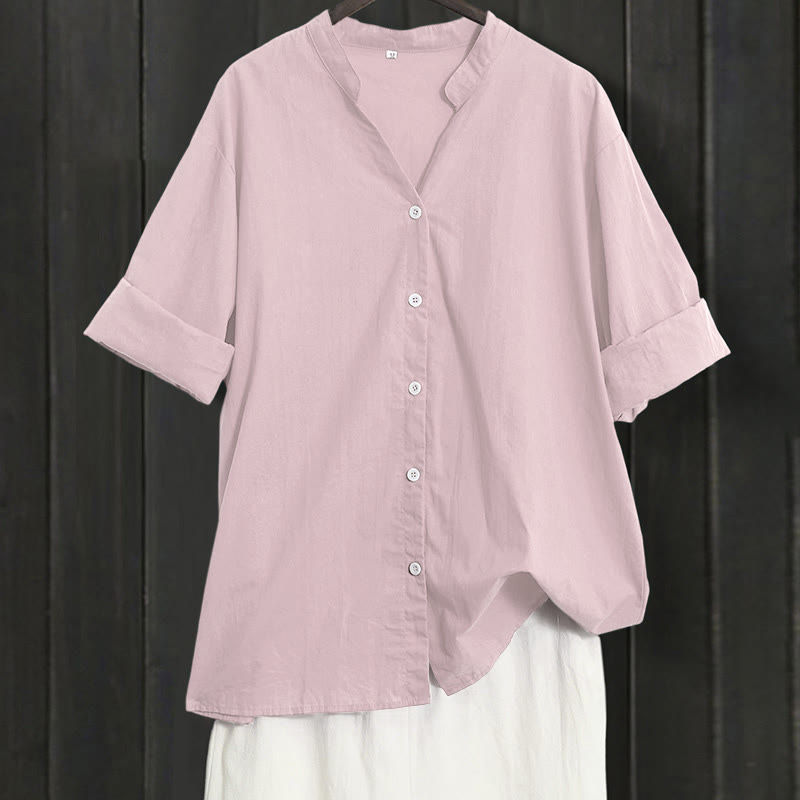 Buddha Stones Sommer Casual Plain Breasted Reversed Collar Kurzarm Damen Baumwolle Leinen Hemd - MistyRose - US20， UK/AU24，EU52 (5XL) - image 36