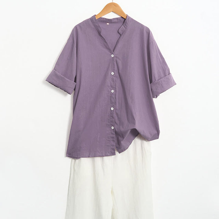Buddha Stones Sommer Casual Plain Breasted Reversed Collar Kurzarm Damen Baumwolle Leinen Hemd - image 47