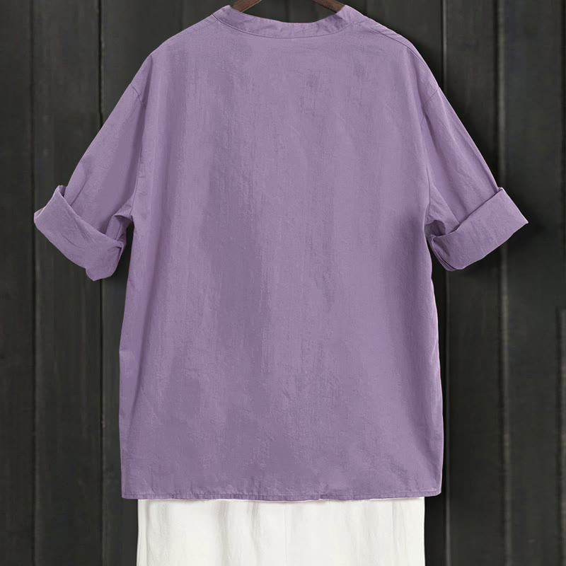 Buddha Stones Sommer Casual Plain Breasted Reversed Collar Kurzarm Damen Baumwolle Leinen Hemd - image 43