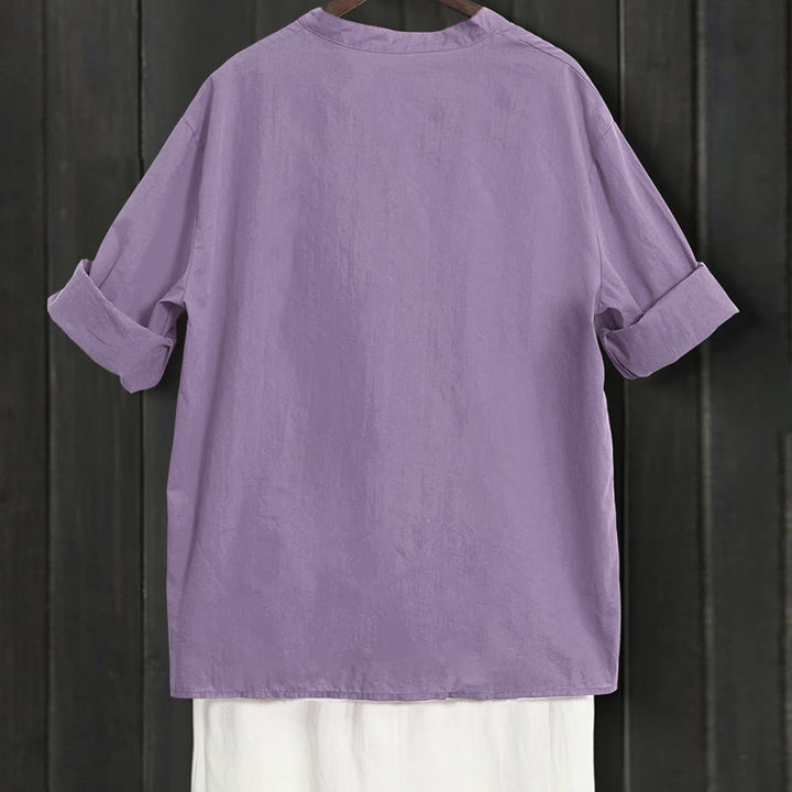 Buddha Stones Sommer Casual Plain Breasted Reversed Collar Kurzarm Damen Baumwolle Leinen Hemd - image 43