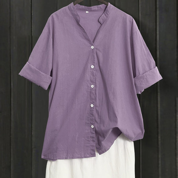 Buddha Stones Sommer Casual Plain Breasted Reversed Collar Kurzarm Damen Baumwolle Leinen Hemd - Mittelgroße Orchidee - US20， UK/AU24，EU52 (5XL) - image 42