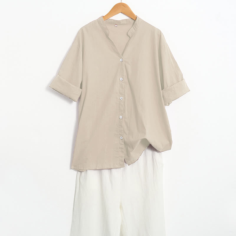 Buddha Stones Sommer Casual Plain Breasted Reversed Collar Kurzarm Damen Baumwolle Leinen Hemd - image 53