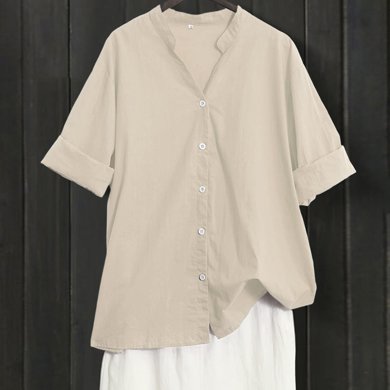 Buddha Stones Sommer Casual Plain Breasted Reversed Collar Kurzarm Damen Baumwolle Leinen Hemd - Hellgoldgelb - US20, UK/AU24, EU52 (5XL) - image 48