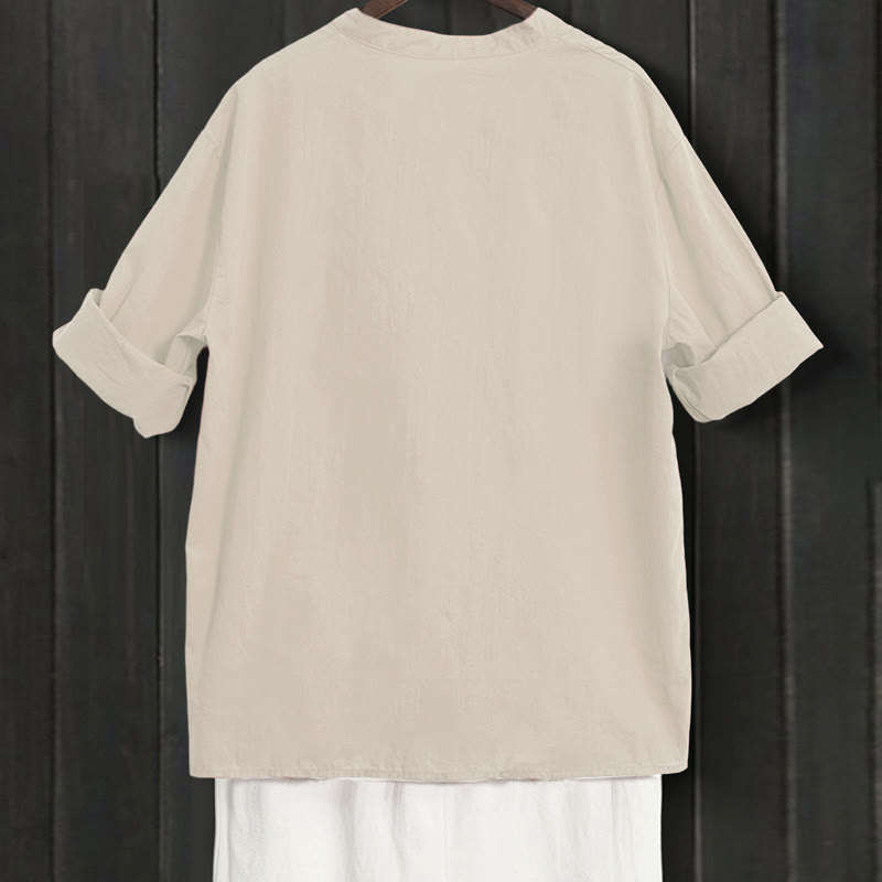 Buddha Stones Sommer Casual Plain Breasted Reversed Collar Kurzarm Damen Baumwolle Leinen Hemd - image 49