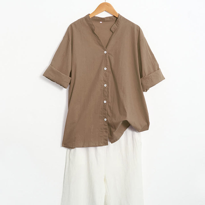 Buddha Stones Sommer Casual Plain Breasted Reversed Collar Kurzarm Damen Baumwolle Leinen Hemd - image 59