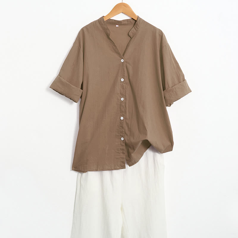 Buddha Stones Sommer Casual Plain Breasted Reversed Collar Kurzarm Damen Baumwolle Leinen Hemd - image 59